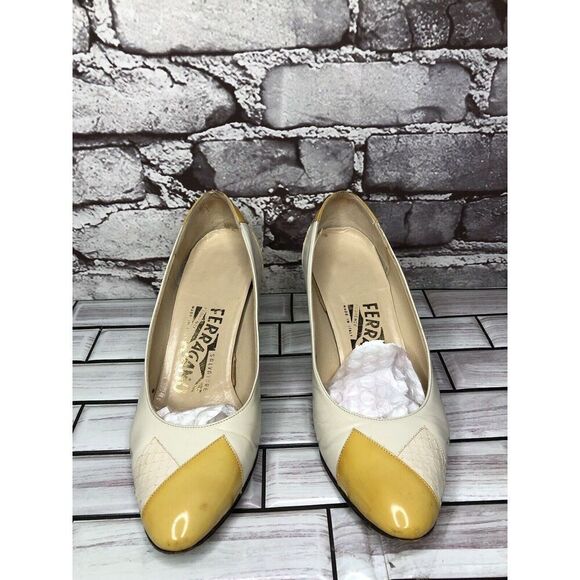 Salvatore Ferragamo Ivory Leather Snake Yellow Patent Dress Heels Women Sz 5B US - Picture 16 of 16